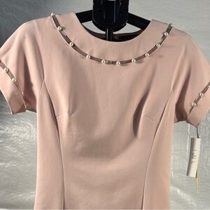 Teri Jon Pink Sheath Dress with Crew Neck adorned with beautiful pearls.